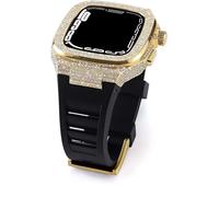 ANZOAT Luxury Diamond Face Watch Cover Rubber Watch Strap，For Apple Watch 45mm 44mm Replacement，Stainless Steel Alloy Protective Case Fluororubber Band，For Iwath Series 8/7/6/5/4/SE(B,45mm)