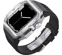 ANZOAT Rugged Titanium Case Sport Rubber Band，For Apple Watch 8/7 6/5/4 SE 45mm 44mm Series，Modification Kit Metal Bezels Fluororubber Loop Strap And Modern Buckl(M,For 45mm)