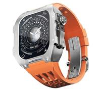 ANZOAT Stainless Steel Watch Case Frame Rubber Strap Protection Mod Kit，For Apple Watch 8 7 SE 6 5 4 45/44mm Series Men Women Watch Upgrade Replace Watch Strap Accessories(Orange,44mm)