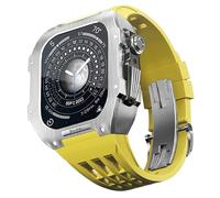ANZOAT Stainless Steel Watch Case Frame Rubber Strap Protection Mod Kit，For Apple Watch 8 7 SE 6 5 4 45/44mm Series Men Women Watch Upgrade Replace Watch Strap Accessories(Yellow,45mm)