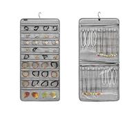ANZORG Dual-sided Hanging Jewelry Organizer Necklace Holder Jewelries Storage with 34 Zippered Pockets and 14 Dustproof Hook Loops (GREY)
