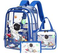 AO ALI VICTORY Clear Backpack for School,PVC Transparent Kids Bookbag for Girls Boys Stadium Approved See Through Backpacks, Blue Astronaut 3pcs, M