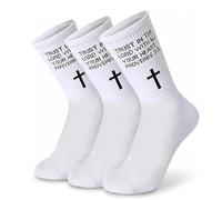 Ao Yee ZGL 3 pairs of unisex Christian socks featuring biblical verses and crosses, a novel gift for Catholic men and pastors, Proverbs 3:5 - White, Large