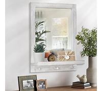 AOAOPQ Rustic Wall Mirror with Shelf Farmhouse Mirrors Round Hanging Stonebriar Wall Mirrors for Bathroom, Vanity, Bedroom, Entryway, Living Room Front Door Wood Frame Mirror 52x68 cm White
