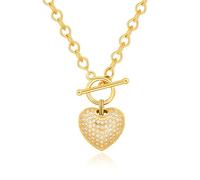 Aobei Pearl 18K Gold 3D Puffy Micro-paved Cubic Zirconia Love Heart Pendant Necklace for Women with OT Toggle Front Closure Hanging on Chunky Waterdrop Shape Chain 20"
