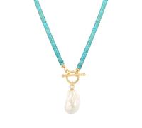 Aobei Pearl Bohemian Simulated Turquoise Choker Big Baroque Shell Pearl Pendant Necklace Trendy 18K Gold Toggle Lariat Y Necklace for Women 17”