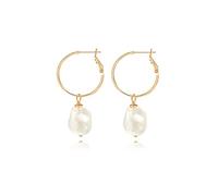 Aobei Pearl Chubby Baroque Pearl Drop Dangle Earrings, 18k Gold Big Hoop Earrings with Charm, Statement Lightweight Earrings for Women