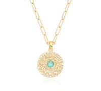 Aobei Pearl Evil Eye Medallion Necklace 18k Gold Paper Clip Chain Coin Pendant Necklace Pave Turquoise Cubic Zirconia Layering Jewelry for Women 18’’