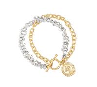 Aobei Pearl Two Tone Layered Bracelets for Women Gold and Silver Mixed Metal Bracelet Chunky Statement Coin Charm Bracelet with Toggle