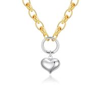 Aobei Pearl Two-Tone Necklace for Women Platinum Silver Puffy Love Heart Pendant 18K Gold Chunky Oval Chain Link Choker Minimalist Layering Jewelry