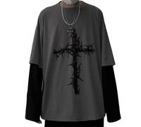 Aobiono Men Women Y2K Gothic Cross Sweatshirt Grunge Emo Alt Harajuku Fake Two-Piece Hoodie Top Dark Academia Punk Aesthetic, Gray, XX-Large