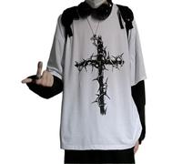 Aobiono Men Women Y2K Gothic Cross Sweatshirt Grunge Emo Alt Harajuku Fake Two-Piece Hoodie Top Dark Academia Punk Aesthetic, White, X-Large