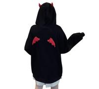 Aobiono Women Devil Hoodie with Horns Wings Kawaii Alt Anime Aesthetic Harajuku Y2K Gothic Cute Demon Japanese Dark Academia, Black, XL