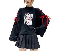 Aobiono Women Kitsune Mask Hoodie Sweatshirt Y2K Kawaii Fox Anime Aesthetic Harajuku Japanese Alt Emo Korean Cartoon Cute 90s, Black, Medium