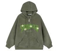 Aobiono Women Men Y2K Star Zip Up Jacket Oversized Hoodie Vintage Fleece Japanese Harajuku Emo Grunge Baggy Hooded Sweatshirt, Green, XXL