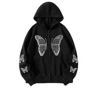 Aobiono Women Men Y2K Zip Up Oversized Hoodie Butterfly Skeleton Rhinestone Gothic Emo Grunge Alt Graphic Baggy Fleece Jacket, Black, M