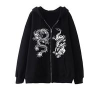 Aobiono Women Men Y2K Zip Up Oversized Hoodie Gothic Dragon Graphic Emo Grunge Alt Baggy Fleece Jacket 90s Punk Streetwear, Black+white, XXL