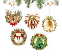 AOBKIAT Christmas Honeycomb Party Decorations,5PCS Paper Hanging Ornaments with Glitter Edge,Mini Christmas Wreath Style Ornament for Xmas Tree,Office,School,Shopping Mall,Home Decor
