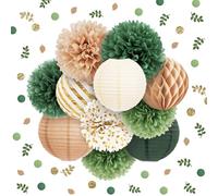 AOBKIAT Wedding Party Decorations,12 PCS Olive Green Paper Lanterns and Pom Poms Flowers for Neutral Baby Shower,Engagement,Birthday,Boho Bridal Showers