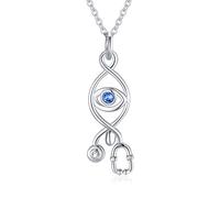 AOBOCO 925 Silver Evil Eye Necklace Crystal Stethoscope Jewelry gift for Nurse Doctors Medical Students 45+5cm Chain Extendable