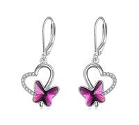 AOBOCO Butterfly Earrings for Women 925 Sterling Silver Heart Leverback Drop Dangle Earrings with Crystals Butterfly Jewellery Birthday Gifts for Her Girlfriend Mum
