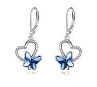 AOBOCO Butterfly Earrings for Women 925 Sterling Silver Heart Leverback Drop Dangle Earrings with Crystals Butterfly Jewellery Birthday Gifts for Her Girlfriend Mum