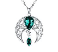 AOBOCO Celtic Necklace 925 Sterling Silver Crescent Moon Pendant with Simulated Emerald Green Birthstone Celtic Irish Jewelry Gifts for Women
