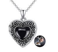 AOBOCO Heart Locket Necklace That Holds Pictures Sterling Silver Flower Lockets Jewellery for Women - Always in My Heart (Obsidian)