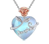AOBOCO Heart Moonstone Necklace for Daughter from Mom Dad 925 Sterling Silver Rose Flower Pendant Jewellery Birthday Mothers Day Christmas Day Gifts for Granddaughter Women (Moonstone Daughter Rose)