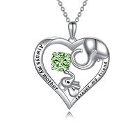 AOBOCO Mum Necklace Sterling Silver Love Heart Lucky Elephant Necklace with August Simulated Peridot Birthstone Crystals, Birthday Mothers Day Jewellery Gifts for Mum from Daughter Son