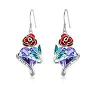 AOBOCO Rose-Flower Earrings Sterling Silver "I Love You" Heart Dangle Drop Earrings Birthday Anniversary Jewellery Gifts for Her Women Wife Mum Girlfriend (Purple)