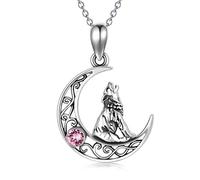 AOBOCO Sterling Silver Crescent Wolf Pendant Necklace, Wolf Jewellery Gifts for Women Her (Pink)