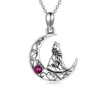 AOBOCO Sterling Silver Crescent Wolf Pendant Necklace, Wolf Jewellery Gifts for Women Her (Simulated Amethyst)
