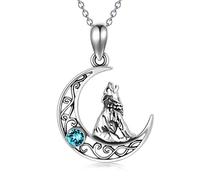 AOBOCO Sterling Silver Crescent Wolf Pendant Necklace, Wolf Jewellery Gifts for Women Her (Simulated Blue Zircon)