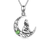 AOBOCO Sterling Silver Crescent Wolf Pendant Necklace, Wolf Jewellery Gifts for Women Her (Simulated Peridot)