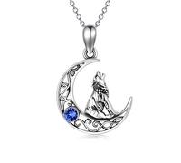 AOBOCO Sterling Silver Crescent Wolf Pendant Necklace, Wolf Jewellery Gifts for Women Her (Simulated Sapphire)