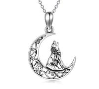 AOBOCO Sterling Silver Crescent Wolf Pendant Necklace, Wolf Jewellery Gifts for Women Her (White)