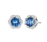 AOBOCO Sterling Silver Rose Flower Stud Earrings for Women with Birthstone Crystals (Simulated Sapphire)