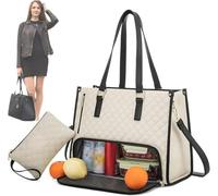 AOBUJDUB Women's 15.6 Inch Tote Bag with Insulated Lunch Compartment, Baffle Design, Matching Wallet, Beige