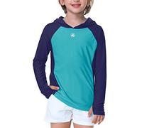 AOBUTE Unisex Kids Long Sleeve Hoodie Rash Guard Boys UPF 50+ Swim Top with Thumb Hole 3-12 Years, Aqua Navy, 9-10 Years