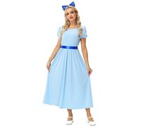 AOBUTE Women Halloween Princess Costume Puff Sleeve Blue Maxi Dress with Belt, Blue, Large