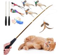 Aobvrey Interactive Cat Wand Toys Set, 2PCS Cat Teaser with 6 Replacement Birds, Feathers & Bells for Indoor Play