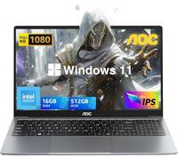 AOC Laptop Computer 15.6" Full HD IPS Display Laptop with N97 Processor(Up to 3.6GHz)Work Laptops 16GB RAM 512GB SSD Windows 11 Laptop Business Computer Light&Thin, Metal Shell, Webcam, Type-C, USB3.2