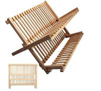 AOC24 - Large Folding Dish Drainer - Wooden 2 Tier Dish Drying Rack, Foldable Beechwood Drainer - Kitchen Counter Top Rack Space Saving - Fold Dish Drying Rack Cups Plates Holder - 35 x 40 x 30 cm