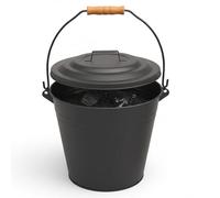 AOC24 - Metal Ash Bucket 10L with Lid & Wooden Handle - Fireplace Ashes, Coal, and Log Storage Bin, Fireside Ash Bucket for Wood Burning Stoves, BBQs & Fire Pits - Black H 11.4" x W 10.4" x D 8.2" (1)