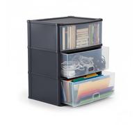 AOC24 Plastic Large Drawer Unit - 3 Deep Drawers, Slimline Desktop Storage Tower, Space-Saving Tabletop Organiser for Files, Tools & Accessories - Home & Office - Black/Clear