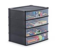 AOC24 Plastic Large Drawer Unit - Large 4 Shallow Drawers, Slimline Desktop Storage Tower, Tabletop Organiser for Crafts & Stationery, Space-Saving Plastic Storage for Home Office - Black/Clear
