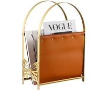 Aocii Newspaper Rack Modern, Vintage Leather Newspaper Rack Wood with Golden Butterfly Hardware & Antique Brass Buckles, Floor Standing Bathroom, Newspaper Holder for Home Decor