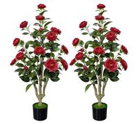 Aoczes 2 Packs Artificial Camellia Tree 3Ft Red Flowers Artificial Plants Outdoor Fake Potted Camellia Tree for Indoor Office Home Porch Patio Decor