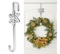 Aodaer 1 Pack Christmas Silver Metal Wreath Hanger 14.5 Inches Wreath Hooks with Snowflake Interchangeable Icons Stainless Steel Front Door Hanger Heavy Duty Wreath Holder for Christmas Decorations